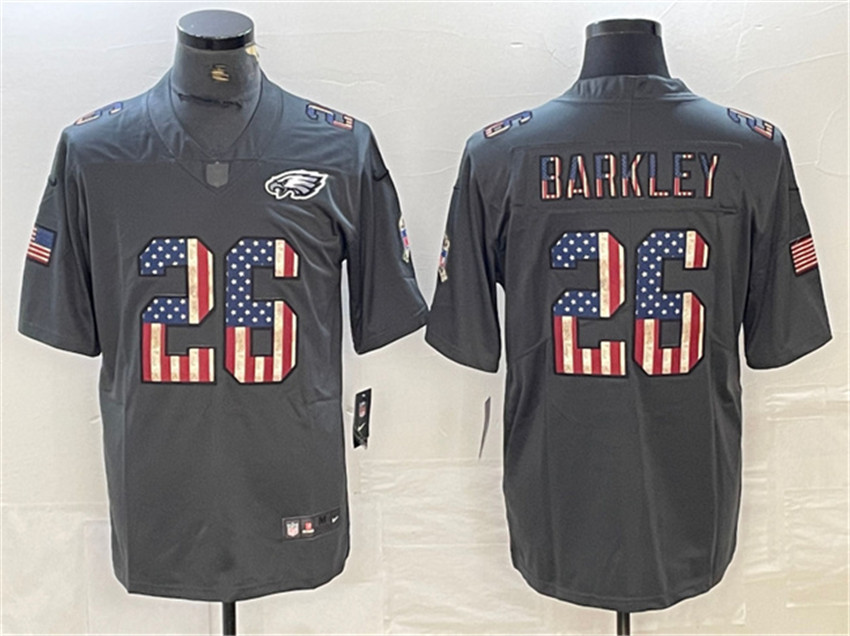 Men's Grey Philadelphia Eagles #26 Saquon Barkley Salute To Service USA Flag Fashion Limited Stitched Jersey